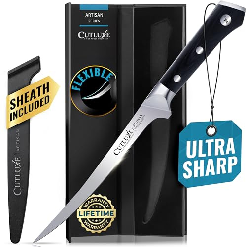 Cutluxe Fillet Knife for Fish & Meat – 7 Razor Sharp Boning Knife – Flexible High Carbon German Steel, Full Tang Ergonomic Handle Design, Grilling Gifts for Men – Artisan Series