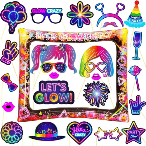 Neon Party Decorations, LMSHOWOWO 25PCS Neon Photo Booth Props and Inflatable Photo Booth Frame, Glow Selfie Frame, Fun Selfie Props, for Carnival Birthday Wedding