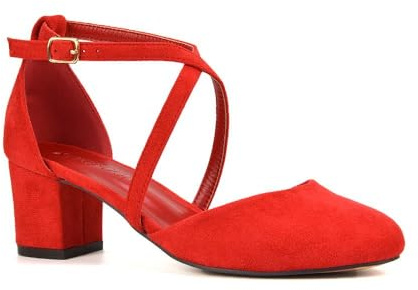 Women's Strappy Ankle Strap Mid Low Block Close Toe Heel Ladies Red Faux Suede Court Shoes Size 4