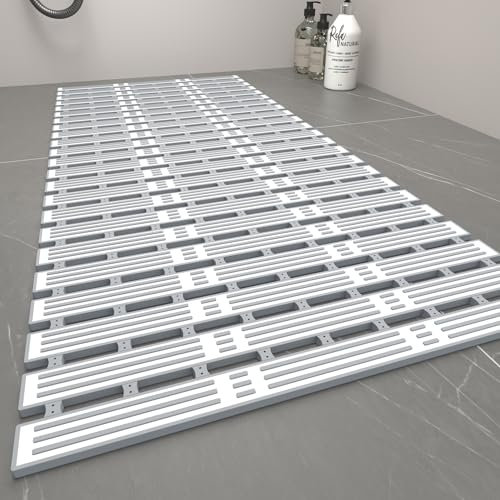 Extra Long Bath Mat Non Slip Anti Mould 90x40cm, Shower Mats Bathtub Mats for Inside Shower,Washable Anti Slip Bathroom Mat with Suction Cups & Quick Drainage, Cut to Size, Grey