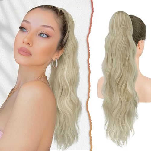 Sofeiyan Coda di Cavallo Extension, 56 cm Lunga Coda Cavallo Capelli Extension con Coulisse Ondulata Ricci Posticci Sintetici Capelli Extension per Donna, Biondo Scuro Dorato Misto a Beige