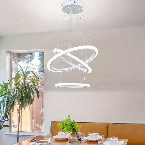 O'NEELDY Modern LED Chandeliers White Pendant Light Fixture 3 Ring Flush Mount Chandeliers with Adjustable Hanging Cord for Bedroom,Kitchen, Island Cafe