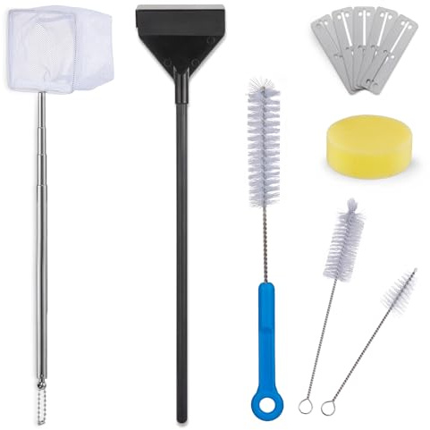 URUQ Fish Tank Cleaning Kit: Algae Scraper for Aquariums Glass Scrubber Cleaner Tools with Handle - 7 in 1 Betta Fish Tanks Cleaning Accessories Set Including Fishing Net Sponge Brush Pump Brush