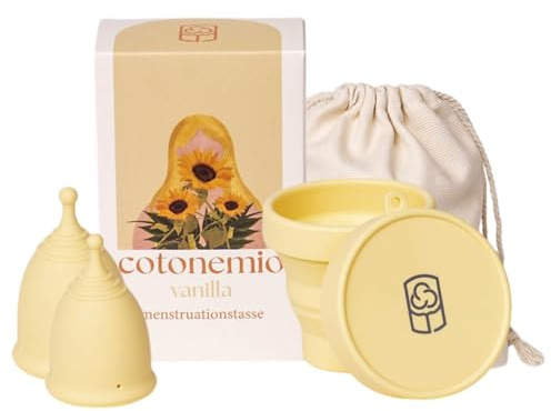 Cotonemio Vanilla – XS & S Coppetta Mestruale in 100% Silicone Medico con Sterilizzatore e Sacchetto in Cotone | Kit Coppetta Riutilizzabile, Senza BPA, Fino a 12 Ore di Protezione