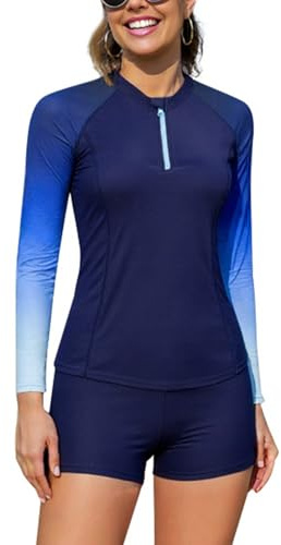 SHEKINI Maillot de Bain 2 Pièces Rashguard Femme Manches Longues Rash Guard Set Shorts de Sport pour Surf Natation