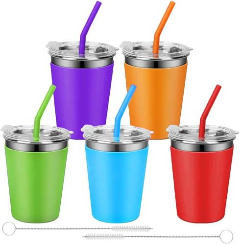 5 Pack Kids Stainless Steel Cups with Lids and Straws, 12oz Iced Coffee Cup, Unbreakable Sippy Cups, Kids Tumbler with Straw, Travel Mug Reusable Drinking Cup with Silicone Sleeves for Cold Hot Drinks