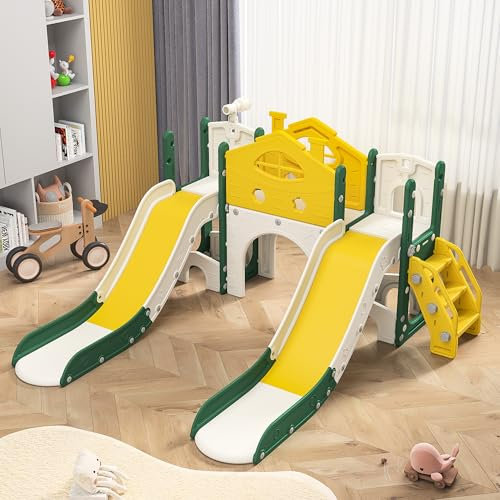 7-in-1-Kinderrutsche, Kinderspielplatz-Doppelrutsche, Gang, Treppe, Klettergerüst und Teleskop, Innen- und Außenspielplatz, Kinderspielgeräte, Spielaktivitätszentrum
