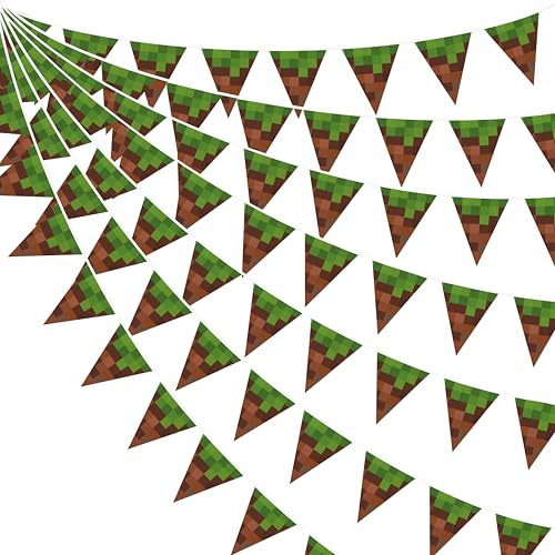 32Ft Green Brown Miner Themed Bunting Banner Pixel Party Decorations Fabric Pennant Triangle Flag Garland for Kids Boys Mining Craft Pixel Gamer Cartoon Birthday Baby Shower Outdoor Garden Party