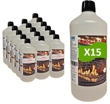 Bioéthanol 1L X 15 – Combustible Écologique Premium pour Cheminée Poêles en Acier InoxydableI – Flamme Propre, sans Odeur ni Fumée – Ressources Végétales – Haute Performance (1Lx15)