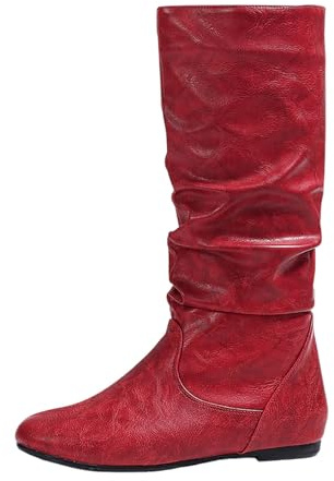 Bottes d'équitation d'hiver pour femme avec mollets mi-hauts, en cuir, décontractées, fermeture éclair latérale, talon plat, bottines confortables pour un usage quotidien, rouge, 39 EU
