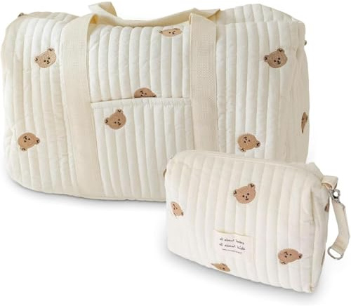 ZVD Bustine Corredino Neonato Ospedale, Borsa Passeggino Set da 2 Pezzi, Neonato Cambio, Mommy Bag, Spalla in Cotone con Ricamo, Stampa Carina Portatile Universale (Bianco)