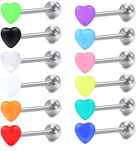 AVYRING 12Pcs Heart Tongue Bars Set – 14G Stainless Steel & Acrylic Tongue Piercing Jewelry with Assorted Colors, 12mm 14mm 16mm 18mm Bar Length, Cute Barbells Piercing Jewelry for Women Men