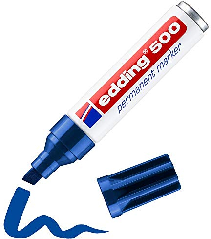 edding 500 Marcatore Permanente, Blu, 1 Penna, Punta a Scalpello 2-7 Mm, Impermeabili, per Cartone, Plastica, Legno, Metallo, Vetro e Tessuti