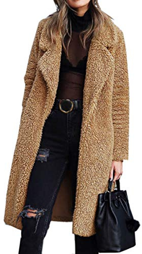 Angashion Women's Fuzzy Fleece Lapel Open Front Long Cardigan Coat Faux Fur Warm Winter Outwear Jackets Dark Camel XL