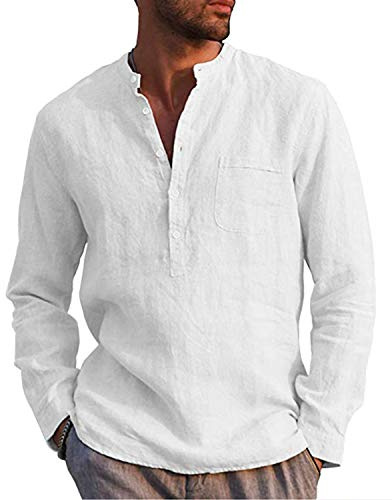 AUDATE Men Winter Shirt Casual Long Sleeve Banded Collar Linen Henley Shirt Tops White L