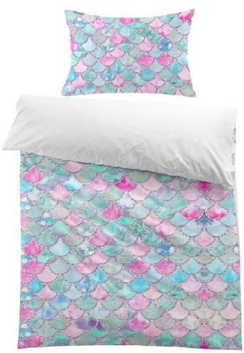 MUSOLEI Mermaid Bedding Set Girls Single Duvet Cover Set 3D Blue Duvet Cover Sets Pink Lovely Quilt Cover Soft Microfiber Zipper with Pillowcase 135 * 200cm