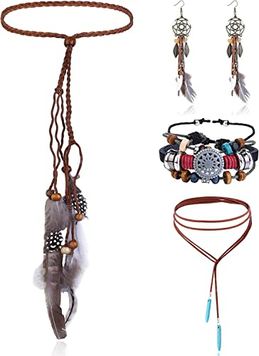 LOLIAS 4 Teiliges Indianer Kopf Schmuck Set Lederhalskette Und Feder Ohrringe Für Damen Handgefertigtes Armband Vintage Boho Hippie Tribal Mottoparty Karneval Schmuck