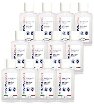 Pharmamani KIT 12 PEZZI GEL IGIENIZZANTE MANI da 80 ml l'uno. 70% Alcool, Effetto Rapido, Non appiccica. Si assorbe subito. Idrata le mani. Profumo gradevole, Dermatologicamente Testato. Tascabile