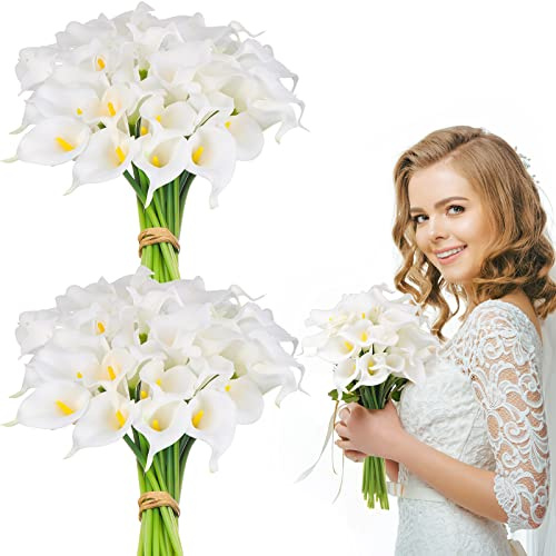 Jexine 40 Pcs 13 Inch White Calla Lily Artificial Flowers Wedding Bouquet Real Touch Artificial Latex Flowers for Home Wedding Party Plant Decoration