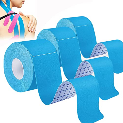 ANAMPION Kinesiotejp förskurna (3 rullar, 5 cm x 5 m) kinesiologitejp vattentät fysiotejp och sporttejp för sport, för knän, axlar och armbågar, muskelåtstramande band (blå)