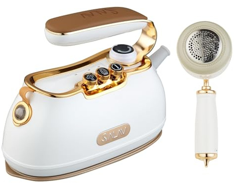 SALAV IS-900A Retro Handheld Garment Steamer + Iron, Ceramic Steam Plate, 1000 watts of Steam, Removes Wrinkles on Clothes (Steamer and Iron + Fabric Shaver and Lint Roller, Pearl)