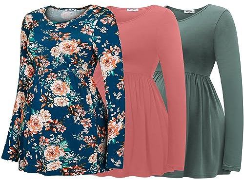 Bearsland Maternity Tops Long Sleeve Scoop Neck Breastfeeding T-Shirt Pregnancy Clothes, Vivid Blue Print& Dark Orange Red& Green, S