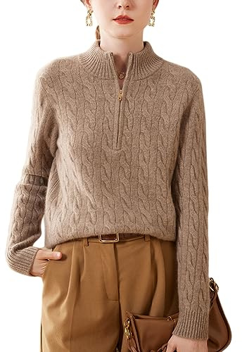 DISSA Women Cashmere Jumper Brown Stand Neck Sweater Long Sleeve Relaxed Cashmere Wool Thick Jumper Cable Ladies Sweater,10,SPR2358