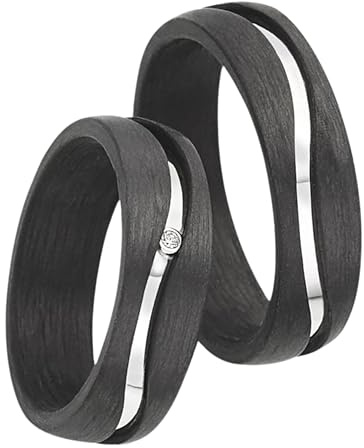 123traumringe Anillos de boda en carbono y plata 925, anillos de pareja con brillante y estuche, anillos de boda grabables con tamaño 50-70 mm, anillos de compromiso de alta en 6 mm de ancho y, P16