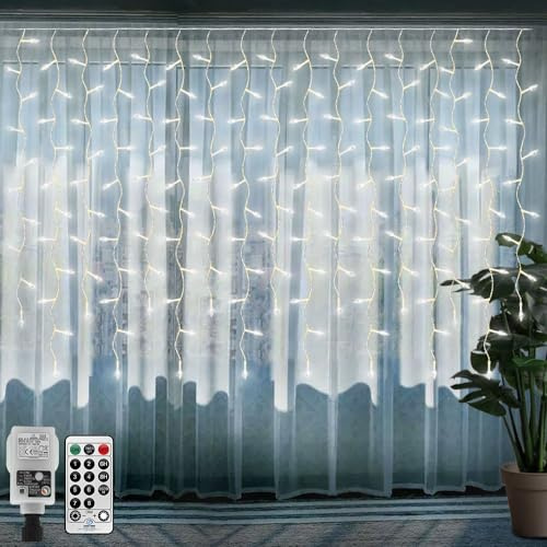 CORST 6 m x 1 m jul istappar lampor utomhus hängande fönsterlampor plugg, diamant 300 LED bakgrundsgardin lampa för tak, takfötter istappsljus, vattentät, anslutbar, fjärrkontroll för hus jul (vit)