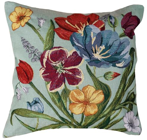 heimtexland Gobelin Dekokissen Blumen Deko Kissen Bezug mit Baumwolle Öko-tex Kissenbezug Landhaus Sofakissen Summer Flowers Typ884 Kissenhülle 40x40 cm Türkis