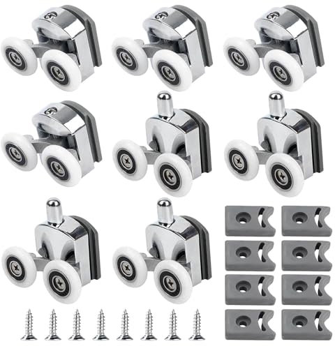 8 Pcs 23mm Curved Shower Door Rollers, Shower glass door wheels replacement rollers, Shower Door Wheels with Anti-Collision Block and Screws for Curved Bathroom Showerroom Doors(4 Top & 4 Bottom)