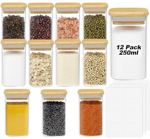 YUEYEE Lot de 12 petits pots à épices carrés en verre avec couvercles et étiquettes pour épices, sel, graines, sucre, café, thé - 250 ml