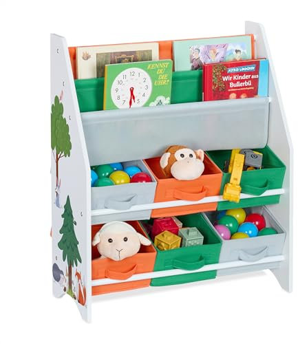 Relaxdays Kinderregal mit 6 Aufbewahrungsboxen & 2 Hängefächern, HxBxT: 74 x 62,5 x 31 cm, Kinder Spielzeugregal, bunt