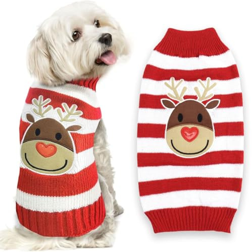 Asmea Reindeer Knitted Dog Sweater - Soft, Warm Puppy & Cat Christmas Jumper - Medium, White