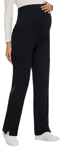 AMPOSH Women's Maternity Scrub Pants with 6 Pockets Stretchy Straight Leg Pregnancy Workwear(Black, L)