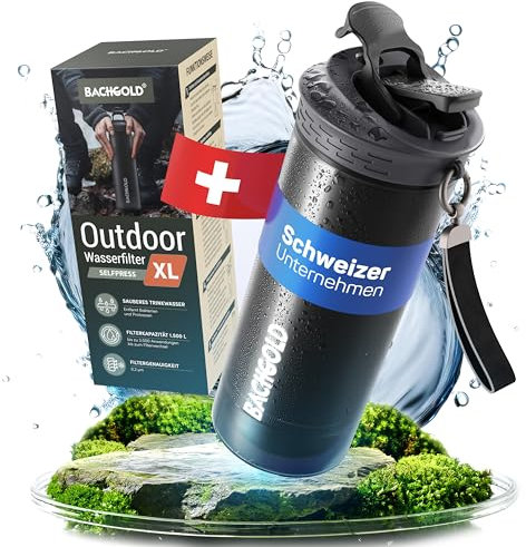 Bachgold® Profi Outdoor Wasserfilter Flasche XL [800ml] mit 1500L Filterkapazität I Entfernt 99,99% aller Bakterien und filtert Mikroplastik, Partikel und Chlor I Blackout- & Krisensicher