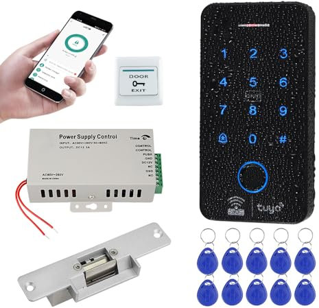 FUSYTULY WiFi Tuya Fingerprint Access Control System Kit Biometrics Waterproof RFID Keypad 125KHz 13.56MHz with Electric Strike Door Lock, DC12V Power Supply + 10pcs Keyfobs Tags