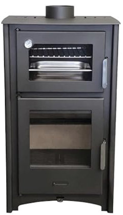 MF Poêle à bois avec four Aroa de 12 kW en acier avec chambre à vermiculite et four réfractaire – Comprend un plateau et une grille