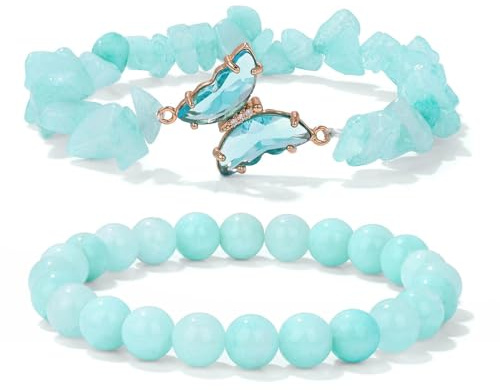 GIEEU 2 PCS Pulseras Piedras Naturales, Pulsera Aguamarina Mariposa Para Las Mujeres, Pulsera Cristal De Cuentas De Piedra De Regalos Para El Cumpleaños De Navidad