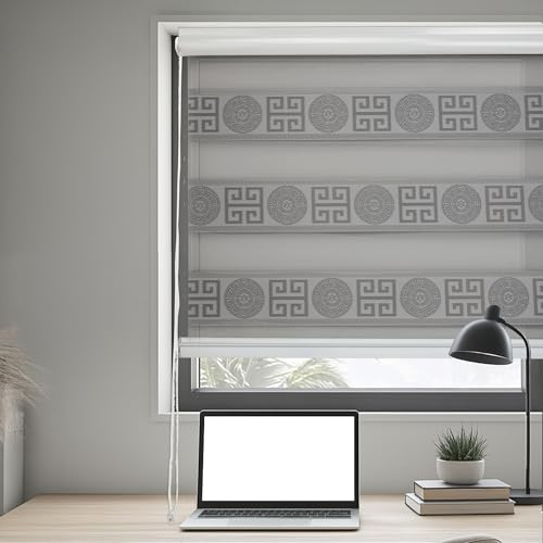 DH DREAMER HOME Persiana Enrollable con Diseño Griego Decorativo – 90x200cm – Estor Noche y Día de Doble Capa, Bloqueo de Luz Moderado, Fácil de Instalar para Ventanas Interiores (Niebla Oscura)