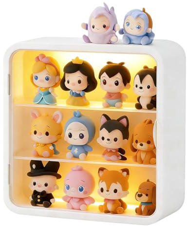 powerking 3 Tiers Clear Display Case for Figures,Wall-Mounted Doll Storage Box with Light, Adjustable Display Stand Acrylic Display Box with Magnetic Door for Dolls, Toys and Jewelry Display