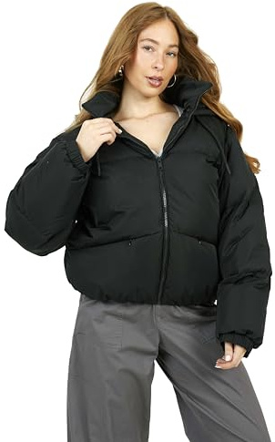 M1427 Women's girls Oversized Puffer Jacket, Hooded Winter Coat, Cropped Length with Pockets, Sizes 8-24, Black (UK, Numeric, 14, Regular, Regular, BLACK)
