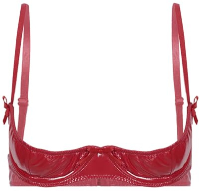 Loodgao Soutien-Gorge Femme Push Up en Cuir Wetlook Bustier Bra Ouvert Devant Hot Top Bralette Lingerie en Cuir Rouge L