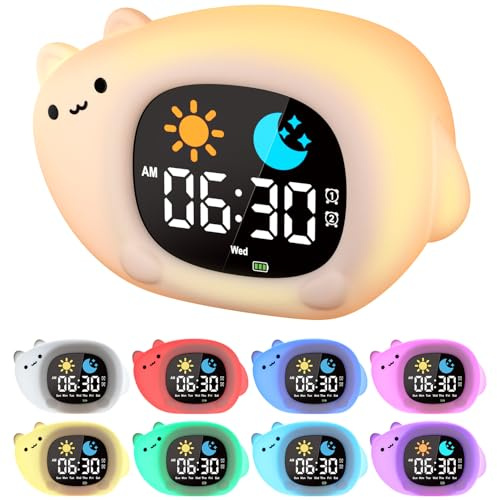 YISSVIC Despertador Infantil Reloj Despertador Digital con 7 Colores Luz Brillo Ajustables 2 Grupos de Alarmas 10 Músicas para Dormircon, Función de Repetición, Recargable para Infantil Adulto- Gato