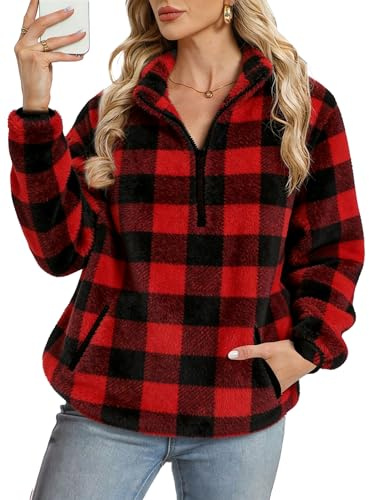 Koerye Felpe Senza Cappuccio da Donna Manica Lunga Felpe con Zip Maglietta Peloso Giacca Invernale Autunno Sweatshirt Oversize Tasche Casual Hoodies A Quadri Rossi,L