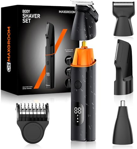 MAXGROOM 4 in 1 Rasoio Elettrico Corpo Uomo Kit, Rasoio Parti Intime Uomo IPX6 Uso Umido e Secco, Depilatore Corpo Ricarica di USB C (Nero, M)