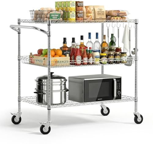 VEVOR Kitchen Utility Cart, 3 Tier Heavy Duty Adjustable Wire Storage Rack, Commercial Steel Rolling Service Trolley on Wheels, Work Table with Handle Bar, for Garage and Laundry Room, 40x25x40.9 in