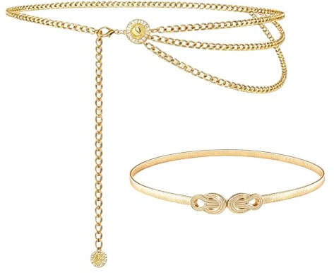 GAKVIBOPG Lot De 2 Ceintures Femme Métal Doré, Ceinture Elastique Femme Fine Avec Chaîne Et Boucle Élégante, Ceinture Femme Elastique Pour Robe Taille Haute Manteau Jupe, Ceinture Doree Femme Mode