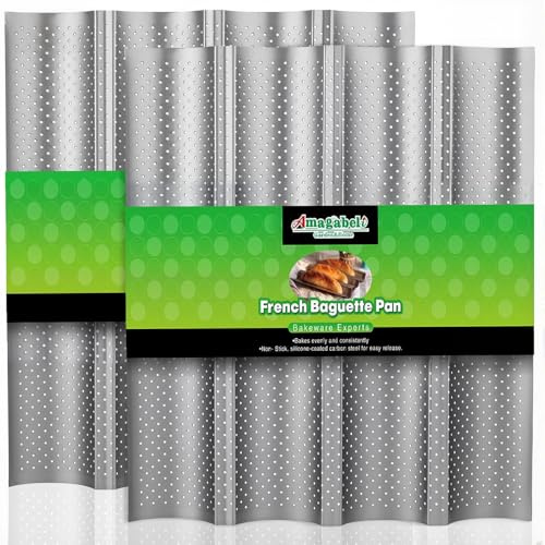 AMAGABELI GARDEN & HOME 2 Pack Baguette Bread Pan 15 x 13 Nonstick Perforated Baguette Tray French Bread Baking 4 Wave Loaf Bake Mold Toast Cooking Baker Gutter Oven Toaster Dishwasher Safe Silver