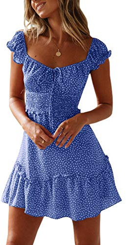 YOBECHO Womens Summer Ruffle Sleeve Sweetheart Neckline Printing Dress Mini Dress Blue